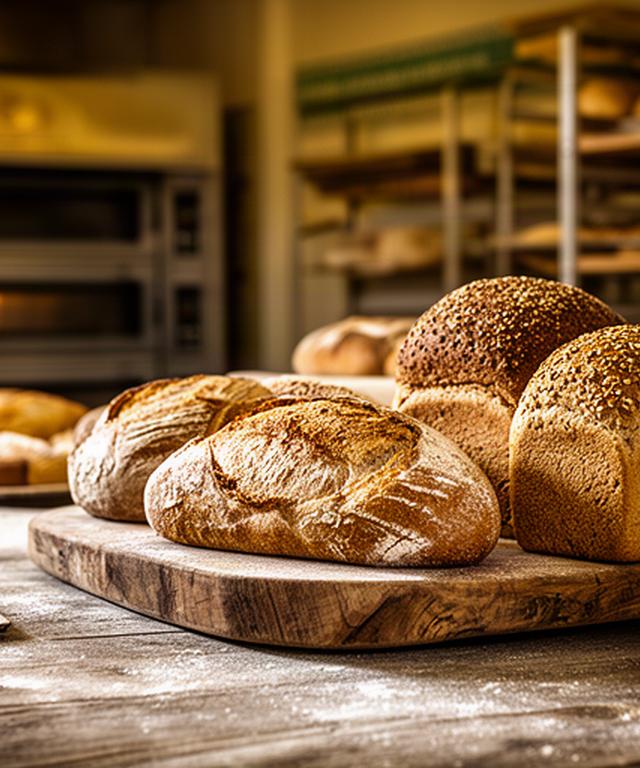 Knapperige volkoren en meergranen broden op een houten plank in een warme bakkerij in Heerlen