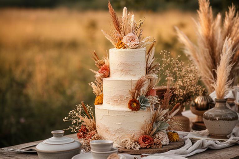 Boho bruidstaart met gedroogde bloemen en natuurlijke decoratie bij een Limburgse buitenlocatie