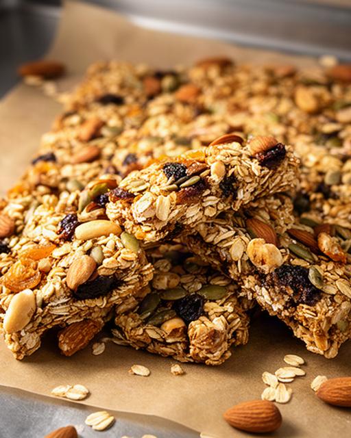 Handgemaakte energierepen met noten en granola op bakpapier in de bakkerij