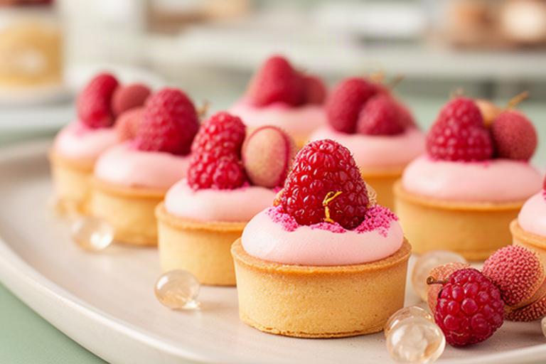 Framboos-lychee tartelettes met roze fruit, room en krokante bodem op een patisserieplateau