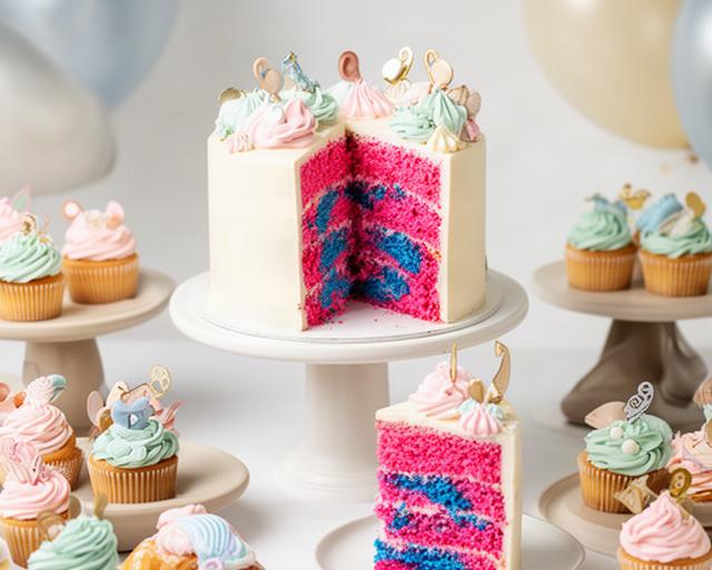 Gender reveal cake met verborgen kleur en bijpassende cupcakes op een desserttafel in Limburg