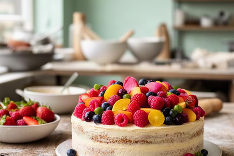 Kleurrijke vegan taart met vers fruit op een houten werktafel in een bakkerij in Heerlen