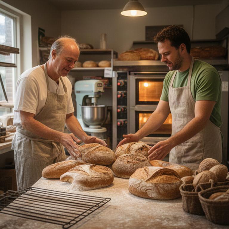 Bakkers die vers brood controleren aan een werkbank in de ambachtelijke bakkerij aan de Koumenweg