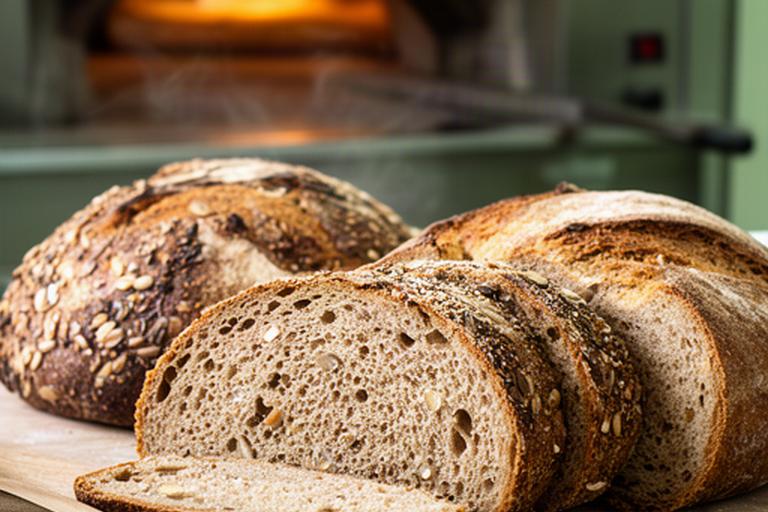 Gesneden volkoren en meergranen brood naast een warme oven in de bakkerij