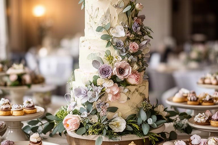 Botanische bruidstaart met eetbare bloemen en kleine gebakjes voor een bruiloft in Limburg