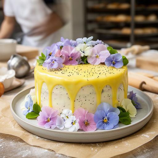 Jubileumtaart met eetbare bloemen en citroenglazuur in het atelier van de bakkerij