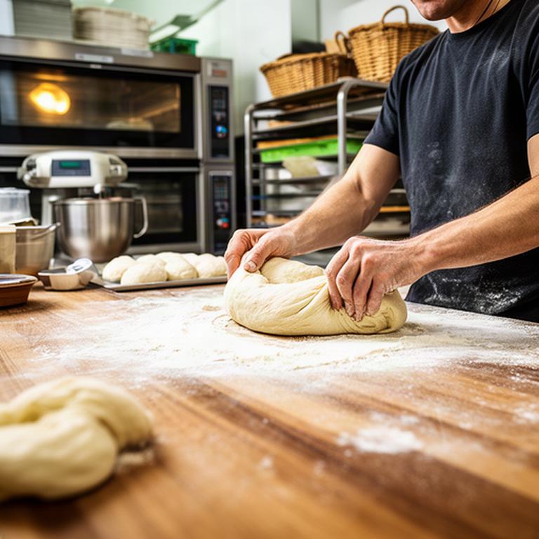 Bakker werkt met vers deeg aan een houten werkbank in de moderne bakkerij aan de Koumenweg in Heerlen