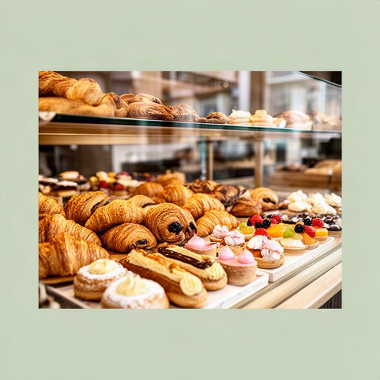 Vitrine in een ambachtelijke bakkerij in Heerlen met goudbruine croissants en luxe gebakjes