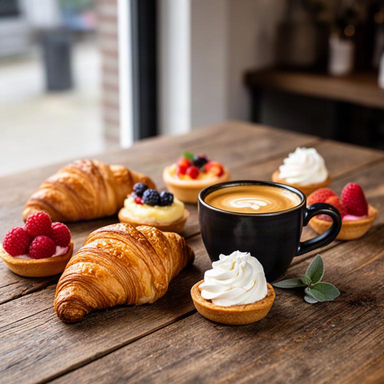 Vers ontbijtgebak op een houten koffiebartafel met espresso en kleine fruitgebakjes