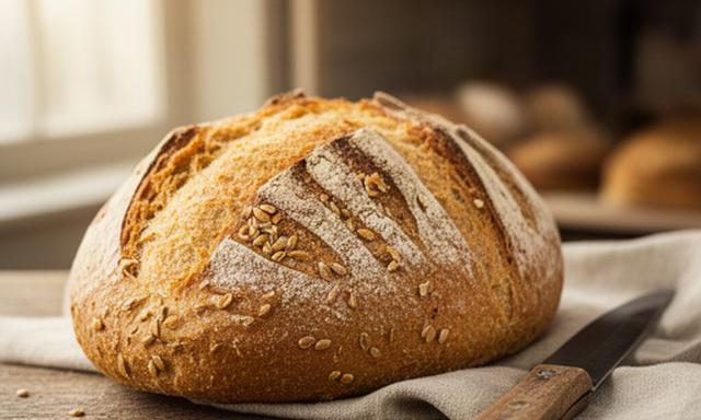 Goudbruin ambachtelijk speltbrood met een nootachtige korst naast een houten mes
