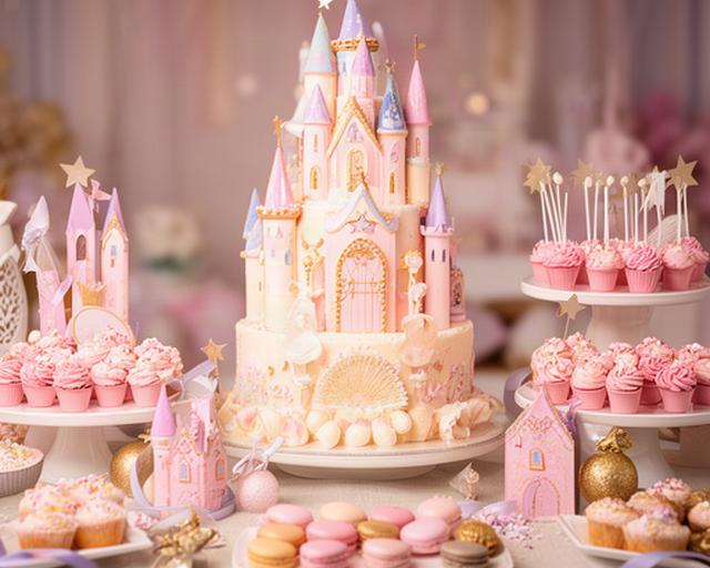 Sweet table voor een prinsessenfeest met sprookjestaart, roze lekkernijen en gouden decoratie