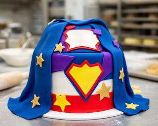 Superheldentaart met blauwe cape, sterren en naamdecoratie in een bakkerij in Heerlen